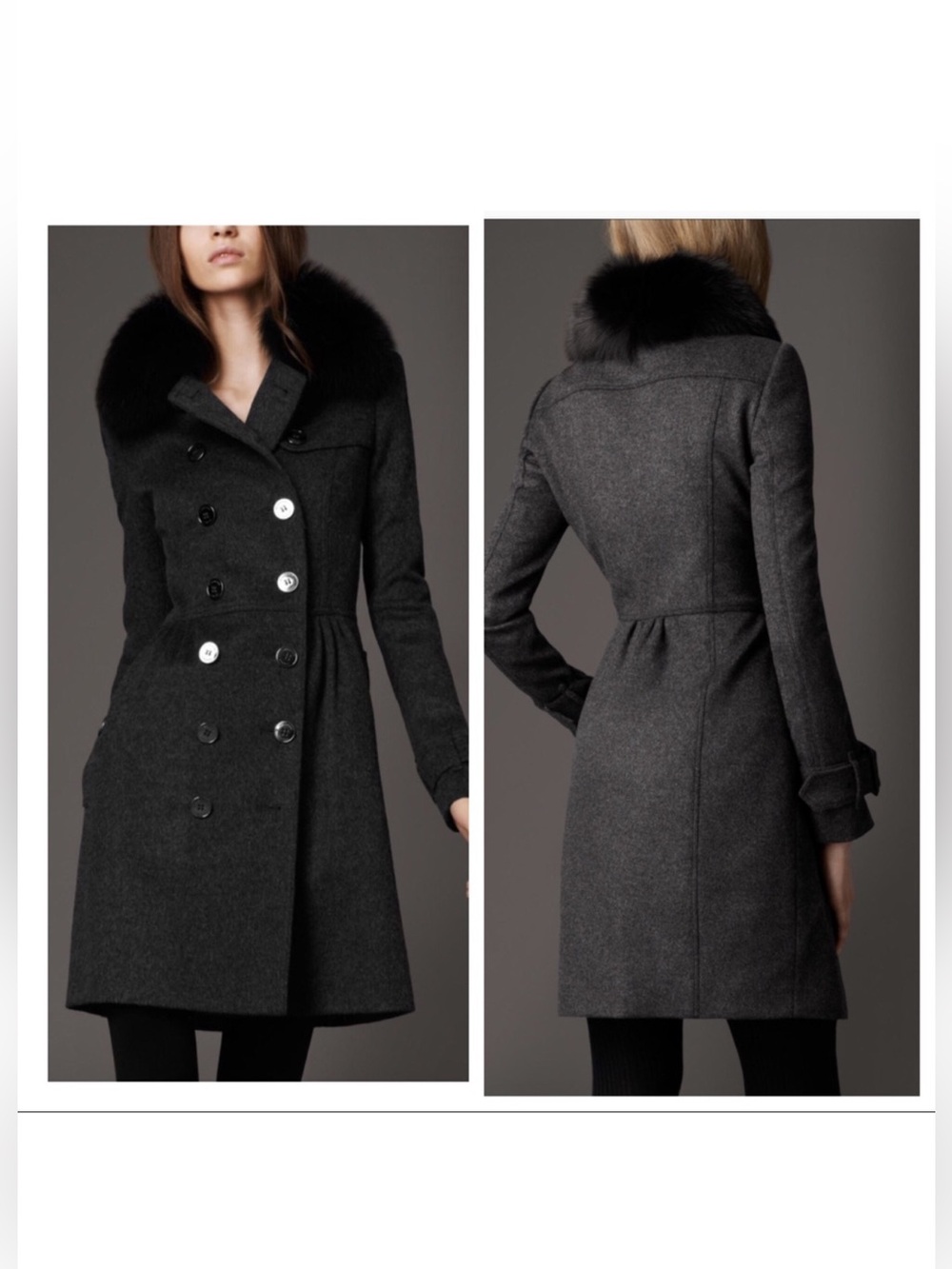Burberry London Cashmere/Wool Charcoal Pea Coat with Black Fur Collar US Size 4